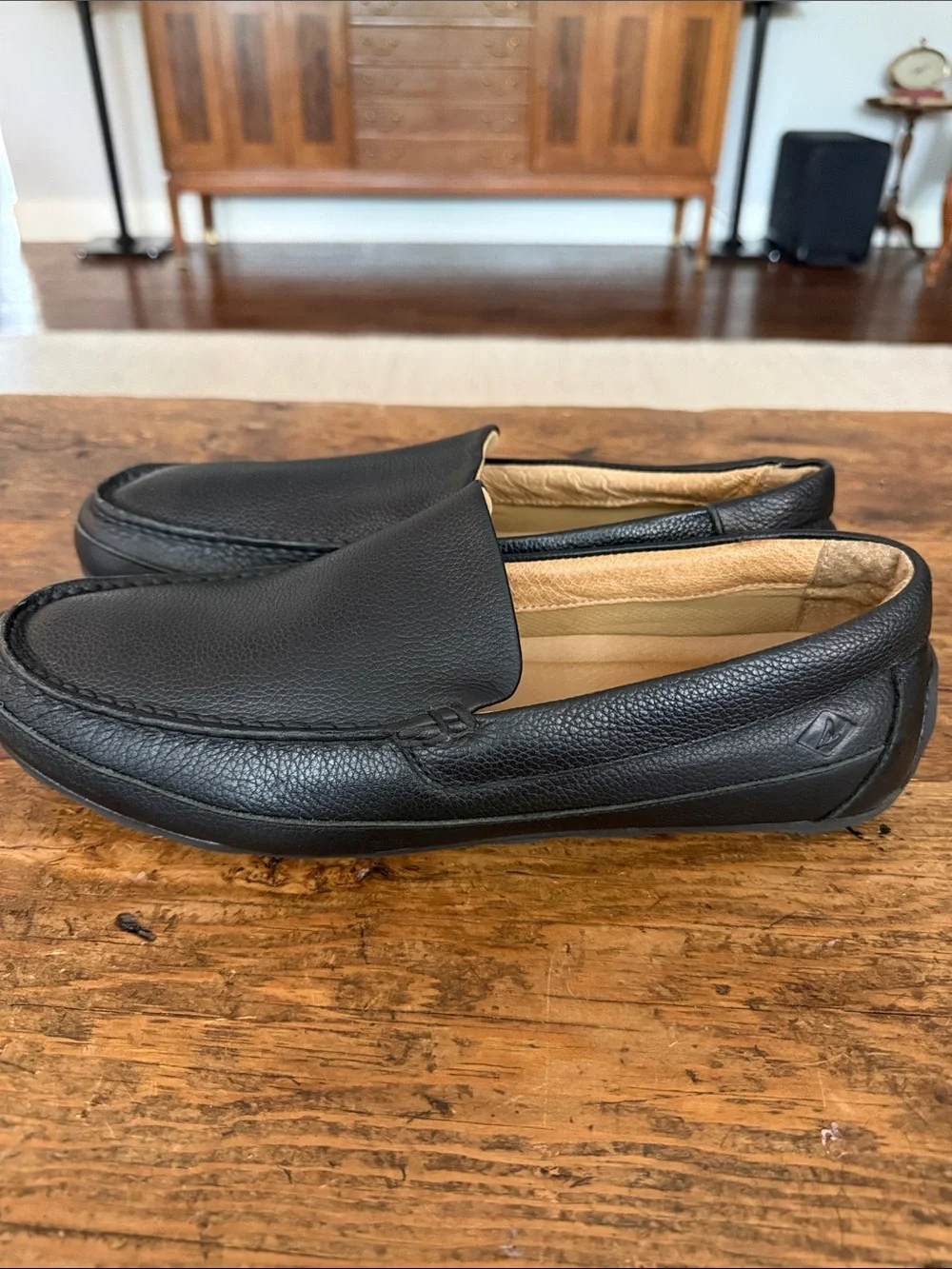 Sperry Black Pebbled Leather Slip On Driving Mocs Size 11.5